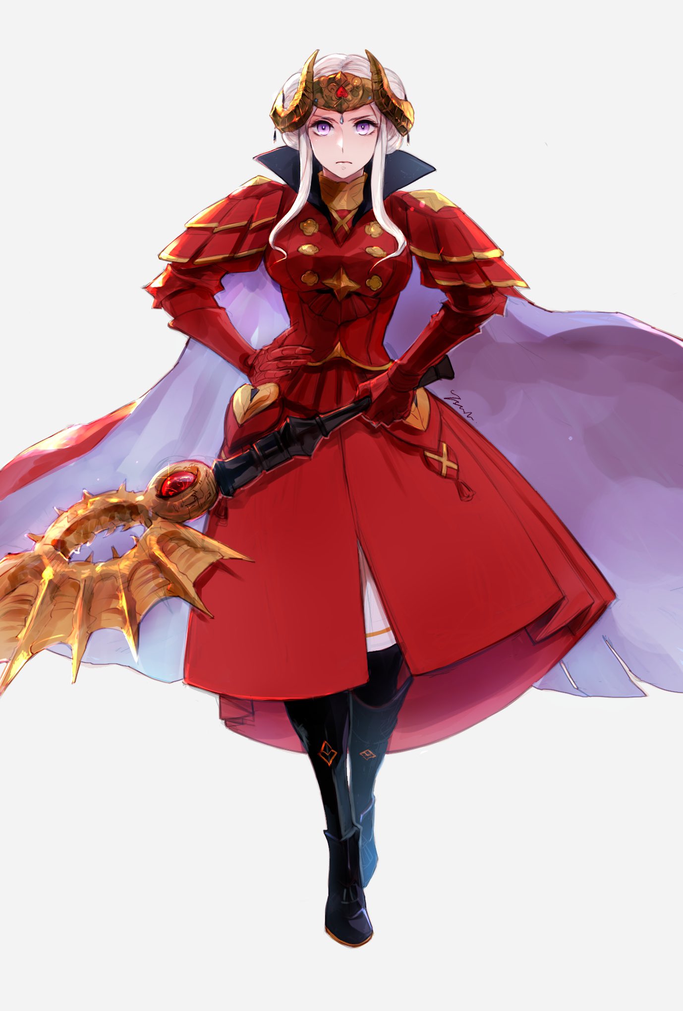 1girl axe aymr_(weapon) cape closed_mouth edelgard_von_hresvelg fire_emblem fire_emblem:_three_houses full_body headpiece highres holding holding_axe horns mamegohan simple_background solo violet_eyes white_background white_hair
