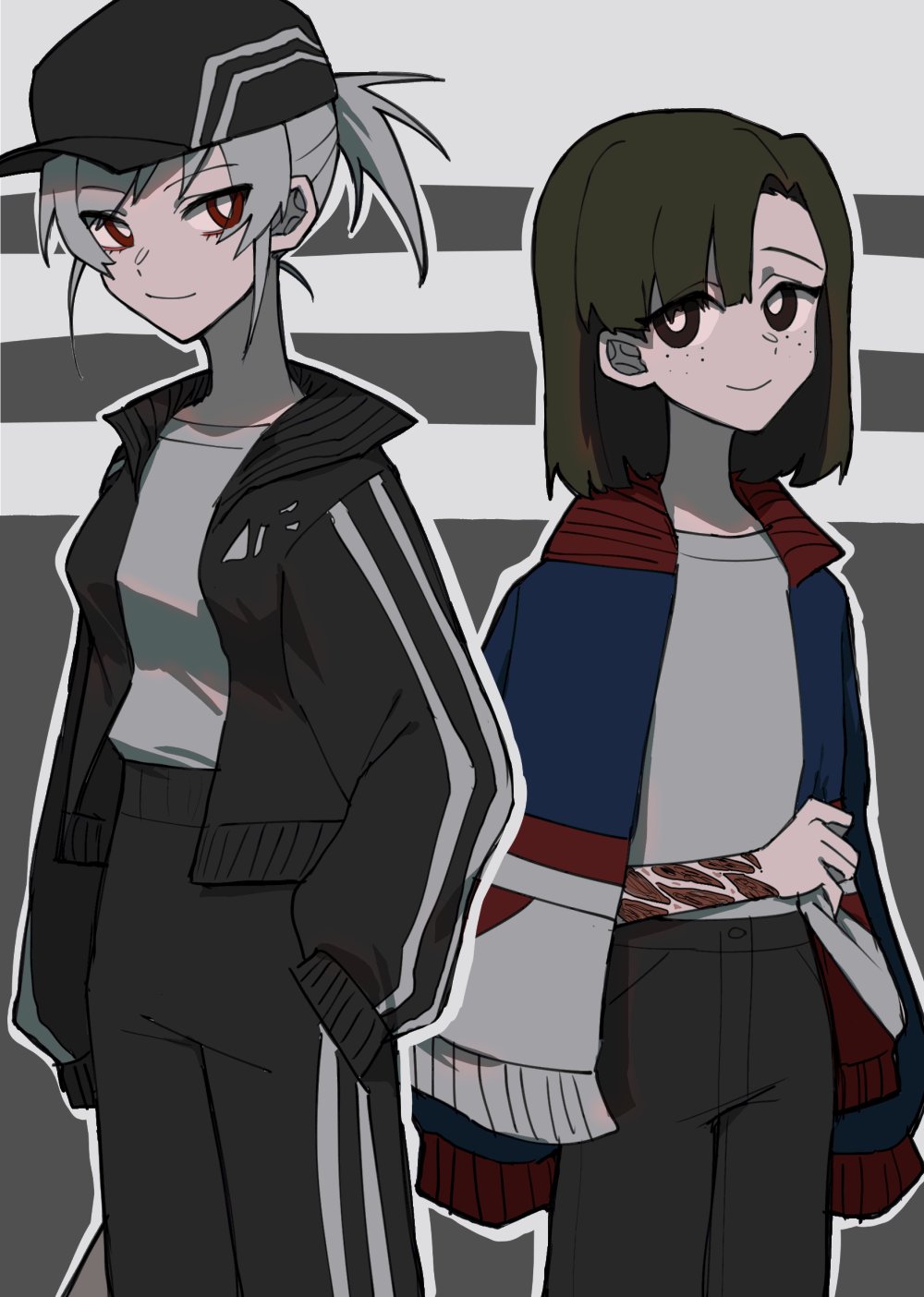 2girls black_jacket black_pants bright_pupils brown_eyes buttoniris character_request closed_mouth commentary english_commentary freckles green_hair grey_hair grey_shirt highres jacket jacket_on_shoulders looking_at_viewer medium_hair multiple_girls pants parties_are_for_losers ponytail red_eyes scar shirt smile track_suit vocaloid