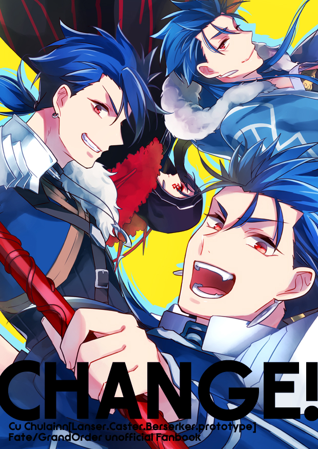 4boys :d bberry black_cape blue_hair buckle cape cover cover_page cu_chulainn_(fate)_(all) cu_chulainn_(fate/grand_order) cu_chulainn_(fate/prototype) cu_chulainn_alter_(fate/grand_order) doujin_cover earrings facial_mark fate/grand_order fate/prototype fate_(series) gae_bolg grin hair_strand hood jewelry lancer long_hair looking_at_viewer male_focus multiple_boys open_mouth red_eyes simple_background smile tattoo upside-down yellow_background