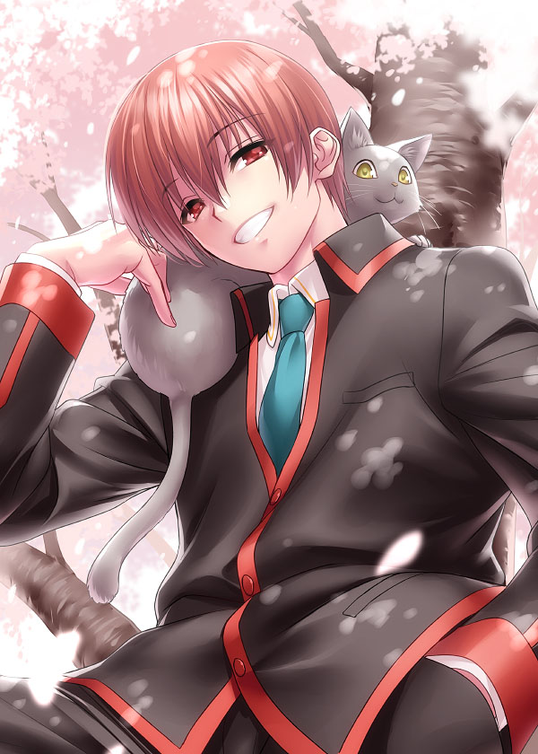1boy 1other animal_on_shoulder cat cherry_blossoms commentary_request green_neckwear grin little_busters!! looking_to_the_side male_focus natsume_kyousuke necktie red_eyes school_uniform short_hair smile tree zen