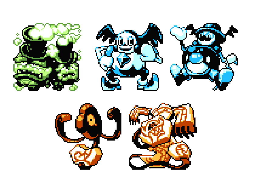 commentary creature english_commentary full_body galarian_form galarian_mr._mime galarian_weezing galarian_yamask gen_8_pokemon mr._rime multiple_monochrome no_humans pat_attackerman pixel_art pokemon pokemon_(creature) runerigus simple_background smile standing white_background