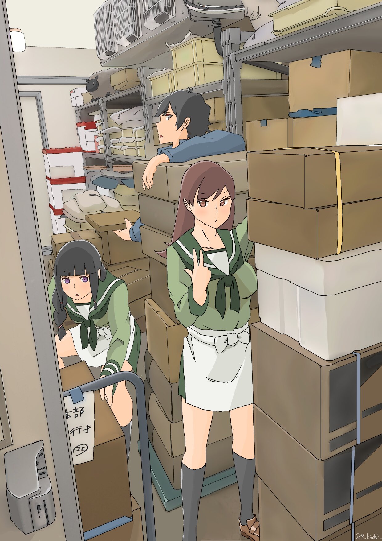 1boy 2girls apron bangs black_hair black_legwear blunt_bangs box braid brown_eyes brown_footwear brown_hair cardboard_box commentary_request green_sailor_collar green_serafuku green_skirt hair_ribbon highres kachi_(kachi5100) kantai_collection kitakami_(kantai_collection) kneehighs loafers long_hair multiple_girls ooi_(kantai_collection) ribbon sailor_collar school_uniform serafuku shoes sidelocks single_braid skirt storage_room tress_ribbon waist_apron white_apron