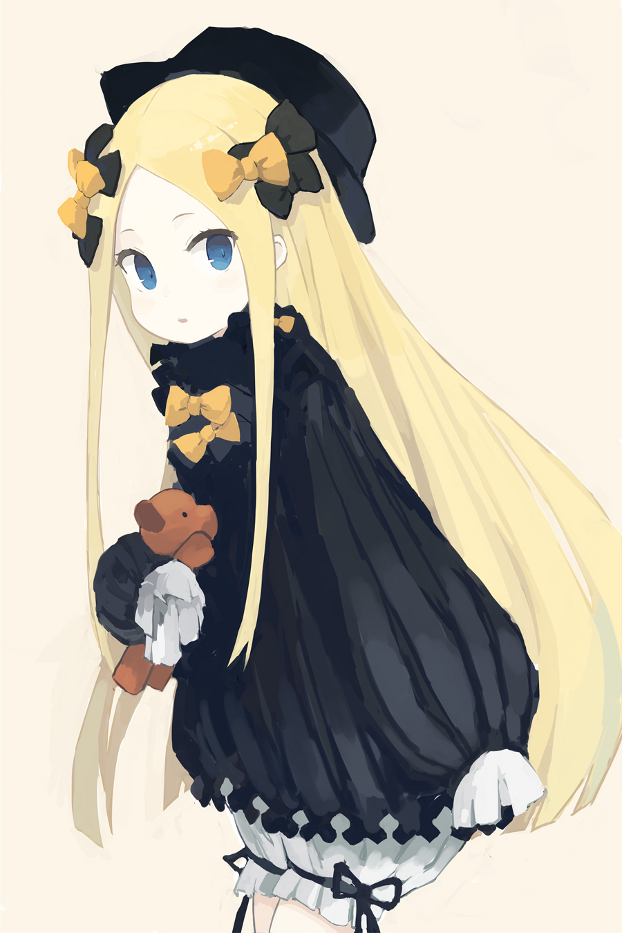 1girl abigail_williams_(fate/grand_order) bangs black_bow black_dress black_headwear blonde_hair bloomers blue_eyes blush bow brown_background bug butterfly commentary_request dress fate/grand_order fate_(series) forehead hair_bow hat highres insect long_hair long_sleeves looking_at_viewer object_hug orange_bow paprika_shikiso parted_bangs parted_lips simple_background sleeves_past_fingers sleeves_past_wrists solo stuffed_animal stuffed_toy teddy_bear underwear very_long_hair white_bloomers
