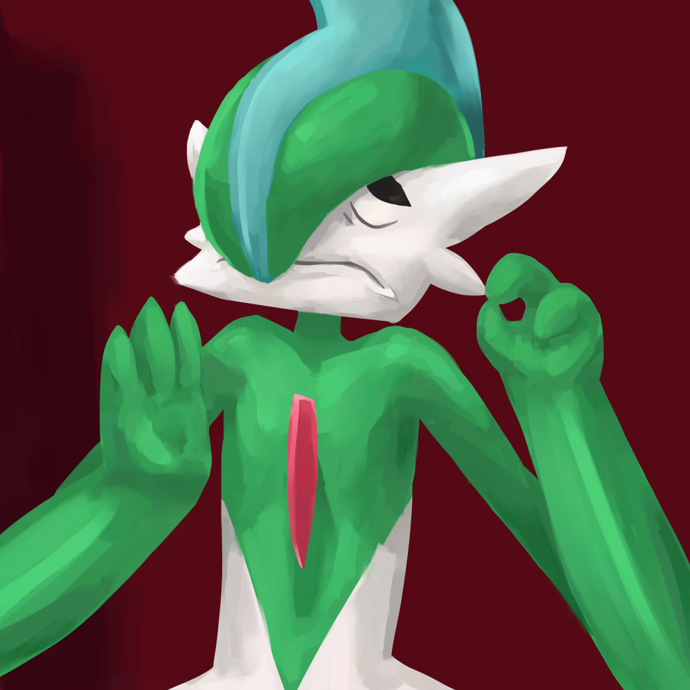1other closed_eyes commentary creature creatures_(company) disney facing_viewer fatmanass gallade game_freak gen_4_pokemon male meme nintendo no_humans olm_digital pacha_meme parody pokemon pokemon_(creature) red_background simple_background the_emperor's_new_groove upper_body