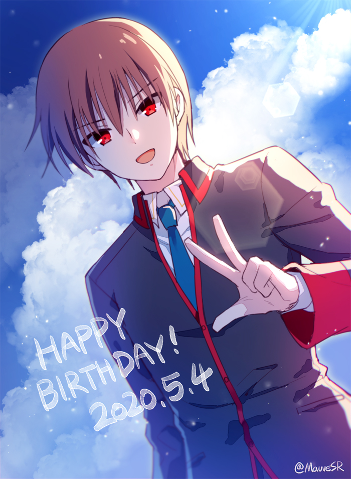 1boy :d bangs black_jacket blue_neckwear blue_sky brown_hair clouds cloudy_sky collared_jacket collared_shirt commentary_request dated day eyebrows_visible_through_hair hair_between_eyes happy_birthday jacket little_busters!! long_sleeves looking_at_viewer male_focus mauve natsume_kyousuke necktie open_mouth outdoors red_eyes school_uniform shirt sky smile solo twitter_username upper_body w white_shirt
