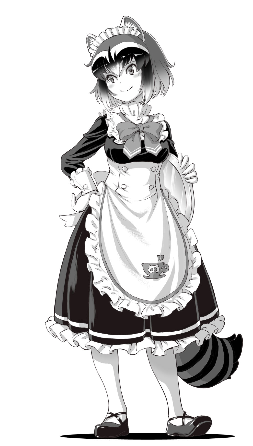 1girl alternate_costume animal_ears blush bow breasts closed_mouth common_raccoon_(kemono_friends) eyebrows_visible_through_hair full_body greyscale hair_between_eyes hand_on_hip highres holding holding_tray japari_symbol kemono_friends kosai_takayuki long_sleeves looking_away maid medium_breasts monochrome multicolored_hair pantyhose raccoon_ears raccoon_girl raccoon_tail short_hair smile solo tail tray two-tone_hair