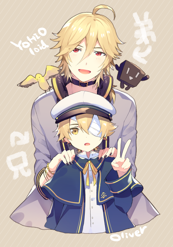 2boys ahoge bandage_over_one_eye beige_background belt_collar blonde_hair blue_capelet blue_jacket capelet character_name collar commentary cropped_torso cubi_(vocaloid) grey_shirt hand_up hands_on_another's_shoulders hat headphones headphones_around_neck height_difference jacket james_(vocaloid) looking_at_viewer male_focus multiple_boys oliver_(vocaloid) open_mouth red_eyes sailor_hat shirt sinaooo smile upper_body v vocaloid white_headwear white_shirt yellow_eyes yohioloid