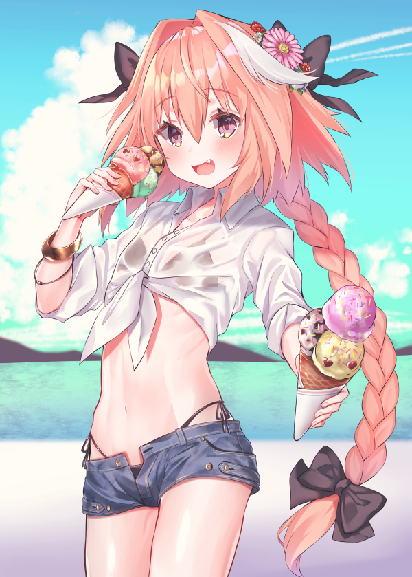 1boy astolfo_(fate) bangs beach bikini bikini_under_clothes black_bikini black_bow blue_shorts blue_sky blush bow braid collared_shirt denim denim_shorts dress_shirt fang fate/apocrypha fate/grand_order fate_(series) flower food hair_flower hair_intakes hair_ornament ice_cream long_braid long_hair long_sleeves looking_at_viewer midriff multicolored_hair navel ocean open_mouth otoko_no_ko pink_hair shirt short_shorts shorts single_braid skin_fang sky smile solo streaked_hair suzuho_hotaru swimsuit thighs tied_shirt violet_eyes white_hair white_shirt