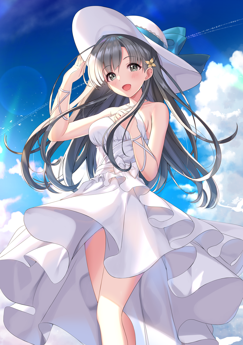 1girl :d arm_up bangs bare_arms bare_shoulders blue_bow blue_sky blush bow breasts brown_flower clouds commentary_request criss-cross_halter day dress eyebrows_visible_through_hair flower grey_eyes grey_hair hair_flower hair_ornament halterneck hat hat_bow highres idolmaster idolmaster_cinderella_girls kobayakawa_sae long_hair looking_at_viewer medium_breasts open_mouth outdoors sky smile solo summer sun_hat sundress sutoroa very_long_hair white_bow white_dress