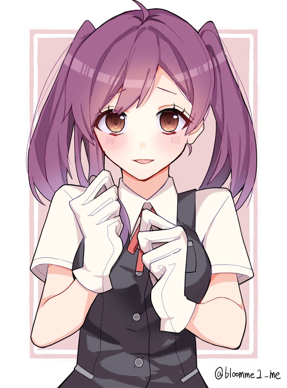 1girl ahoge alternate_hairstyle black_vest border brown_eyes dress_shirt gloves hagikaze_(kantai_collection) highres kantai_collection kozu_(bloomme1_me) long_hair looking_at_viewer neck_ribbon purple_background purple_hair red_ribbon ribbon shirt short_sleeves smile solo twintails two-tone_background upper_body vest white_border white_gloves white_shirt