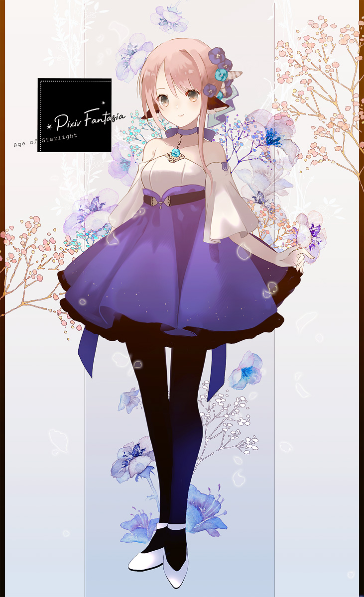 1girl bangs bare_shoulders black_legwear blue_flower blue_skirt blush breasts brown_eyes brown_hair choker closed_mouth collarbone commentary_request copyright_name detached_sleeves floral_background flower full_body hair_between_eyes hair_flower hair_ornament highres pantyhose pixiv_fantasia pixiv_fantasia_age_of_starlight pleated_skirt purple_choker shirt shoes short_hair_with_long_locks short_sleeves sidelocks skirt small_breasts smile solo standing white_footwear white_shirt white_sleeves yuzuyomogi