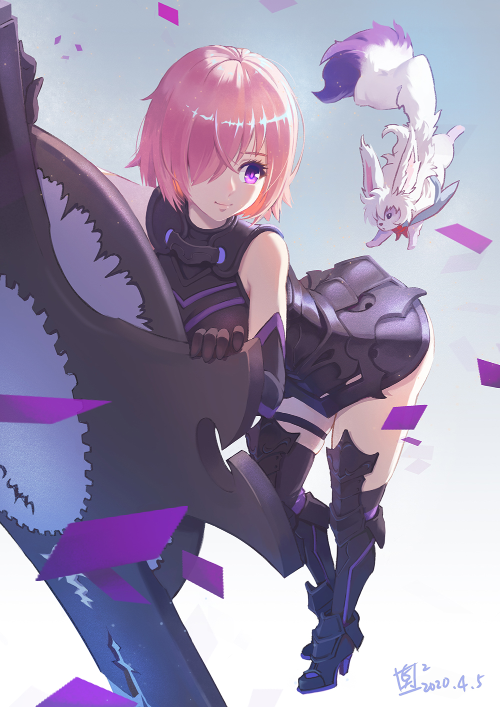 1girl animal armor armored_dress bare_shoulders black_gloves black_legwear boots breasts commentary_request dated fate/grand_order fate_(series) fou_(fate/grand_order) gloves hair_over_one_eye highres holding_shield large_breasts lavender_hair mash_kyrielight pink_legwear shield short_hair signature smile thigh-highs thigh_boots tienao violet_eyes