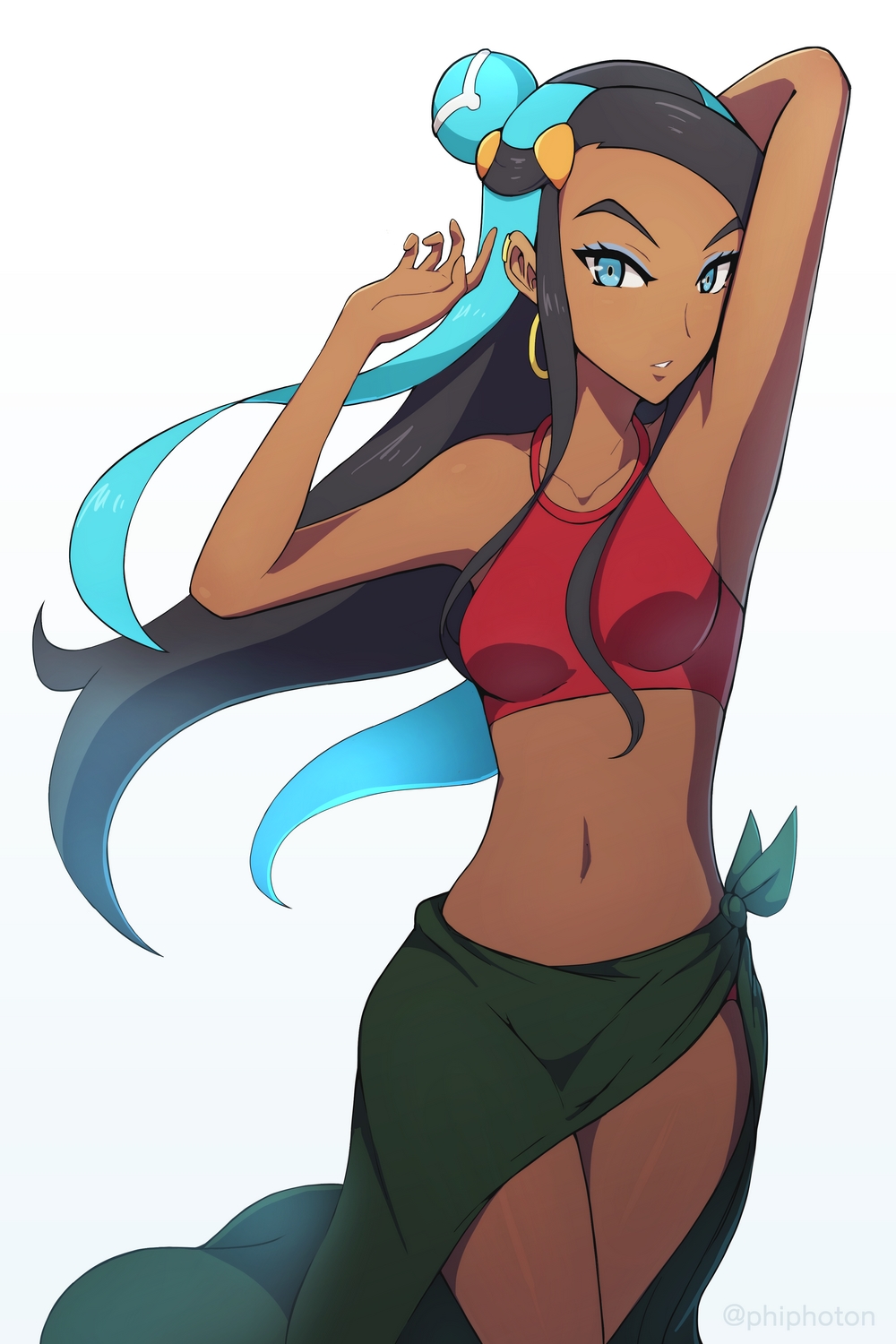 arm_up blue_eyes blue_hair dark_skin hair_ornament halter_top halterneck highres long_hair looking_at_viewer midriff navel parted_lips phiphi-au-thon pokemon pokemon_(game) pokemon_swsh rurina_(pokemon) sarong