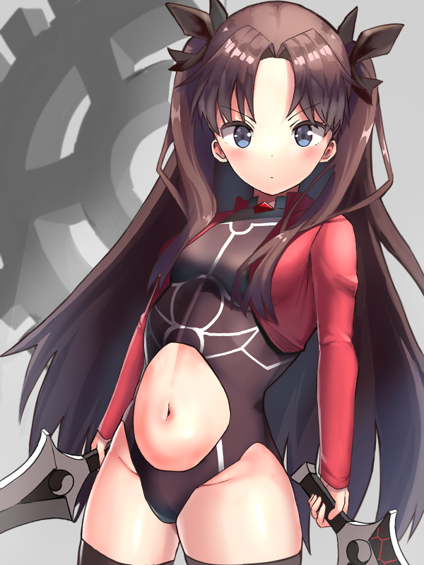 1girl belly commentary commentary_request eniguma. fate/stay_night fate_(series) long_hair looking_at_viewer solo standing toosaka_rin twintails