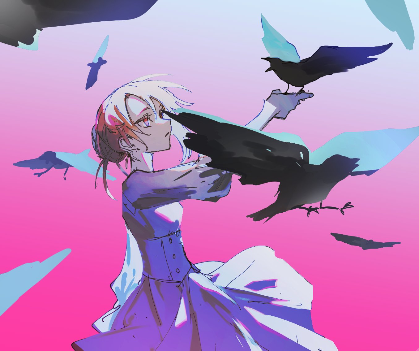 1girl bird bird_on_hand blonde_hair buttoniris commentary crow double-breasted dress english_commentary from_side gradient gradient_background hand_up original pink_background purple_dress red_eyes solo two_(buttoniris)
