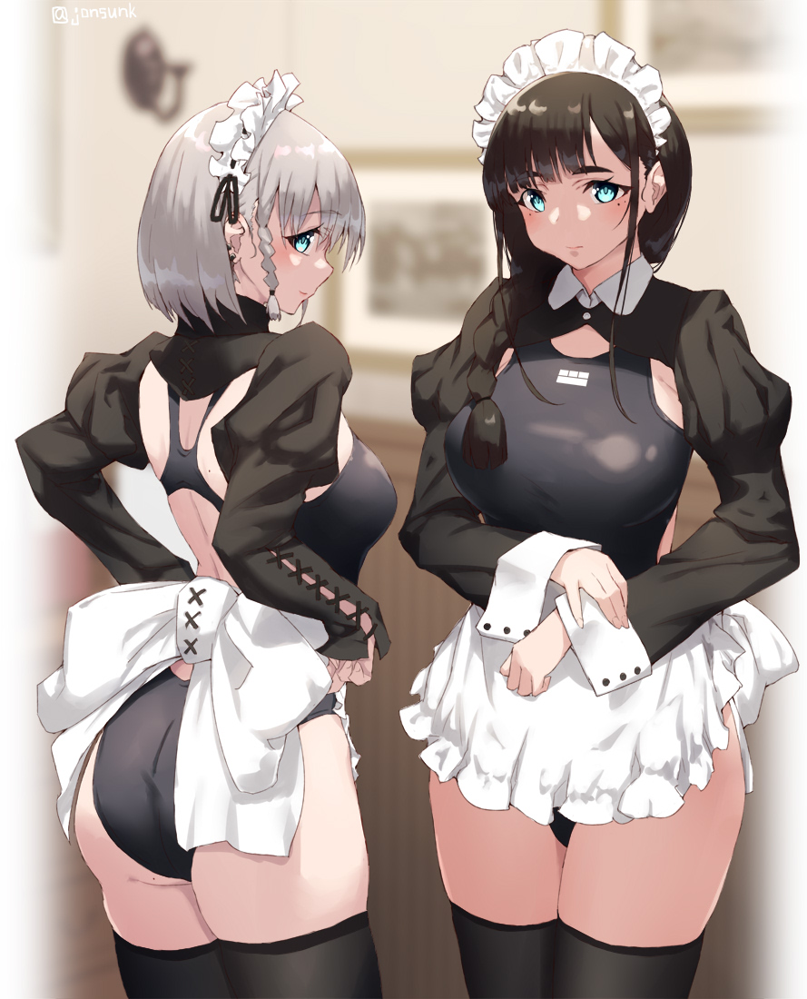 2girls apron aqua_eyes ass back_bow bangs black_hair black_legwear black_swimsuit blurry blush bow braid breasts closed_mouth competition_swimsuit cowboy_shot depth_of_field expressionless eyebrows_visible_through_hair indoors jonsun juliet_sleeves large_bow large_breasts long_hair long_sleeves looking_at_viewer maid maid_headdress mole mole_under_eye multiple_girls one-piece_swimsuit original picture_(object) puffy_sleeves shrug_(clothing) side_braid silver_hair skindentation smile swimsuit thigh-highs twitter_username waist_apron white_apron white_bow wrist_cuffs