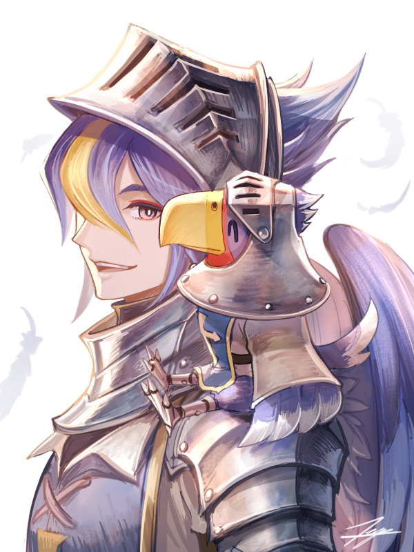 1boy armor bird blonde_hair blue_hair commentary_request doubutsu_no_mori eagle feathers from_side ginkaku_(doubutsu_no_mori) green_eyes grey_shirt hair_over_one_eye helmet looking_at_viewer personification shirt simple_background sitting smile tenyo0819 upper_teeth white_background