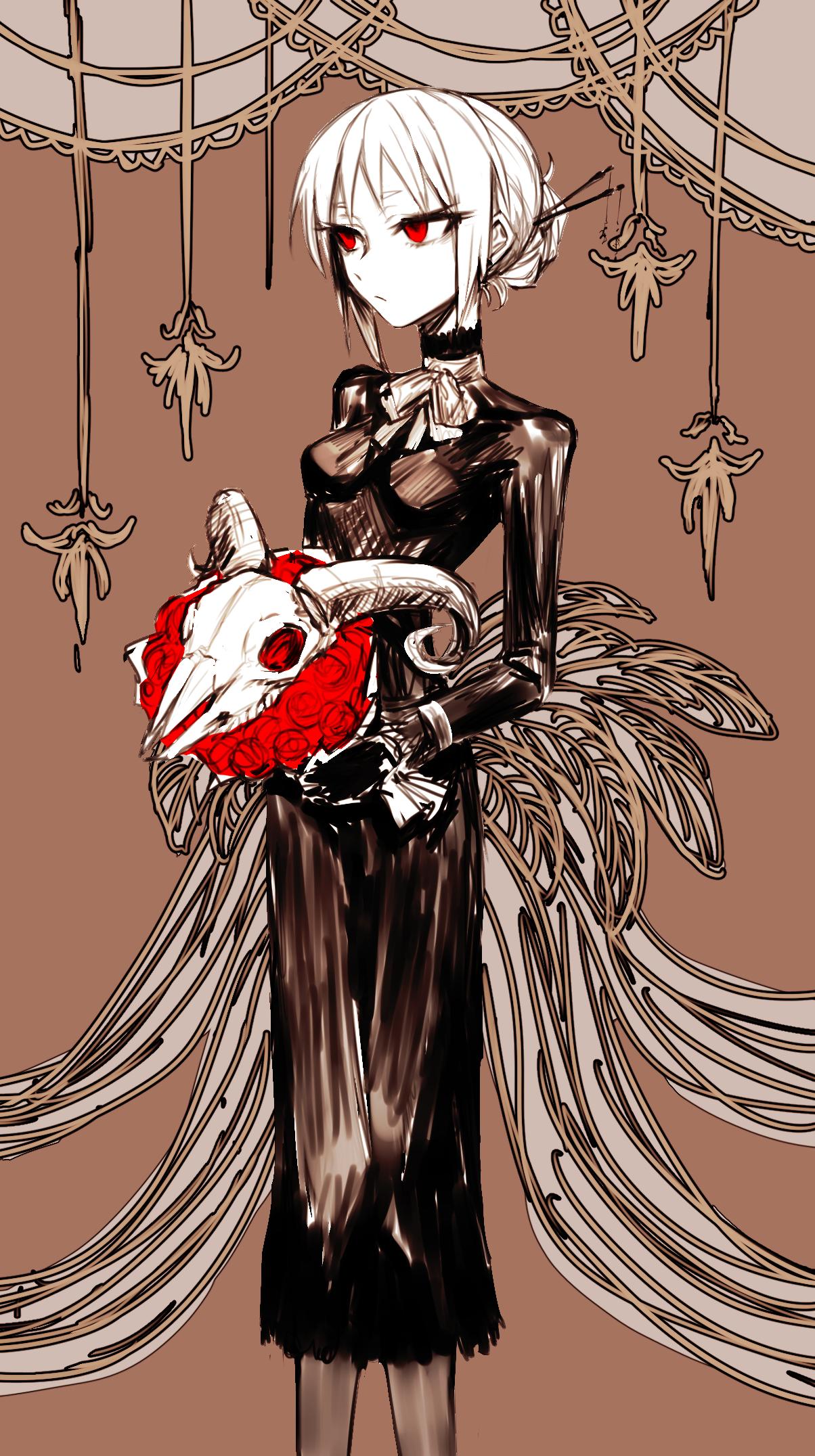 1girl animal_skull black_choker black_gloves bouquet bow bowtie breasts brown_background buttoniris choker closed_mouth dress feet_out_of_frame flower gloves hair_bun hair_ornament hairpin highres limited_palette long_dress long_sleeves original red_eyes red_flower red_rose red_theme rose simple_background small_breasts solo standing two_(buttoniris)