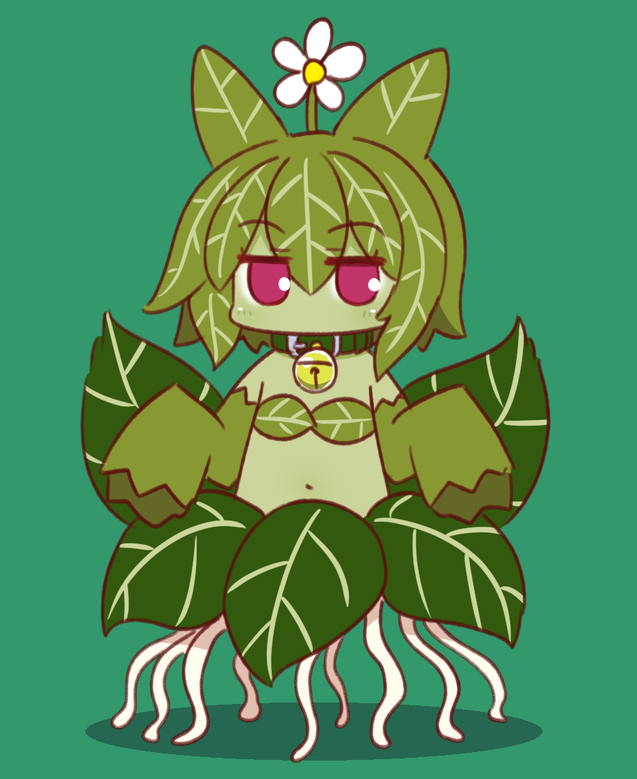 1girl alraune animal_ears bangs bare_shoulders bell bell_collar blush collar commentary_request detached_sleeves eyebrows_visible_through_hair flower full_body green_background green_collar green_hair green_skin green_sleeves hair_between_eyes hair_flower hair_ornament jingle_bell kemomimi-chan_(naga_u) leaf_bikini long_sleeves looking_at_viewer monster_girl monsterification naga_u navel original plant_girl red_eyes sleeves_past_fingers sleeves_past_wrists solo white_flower