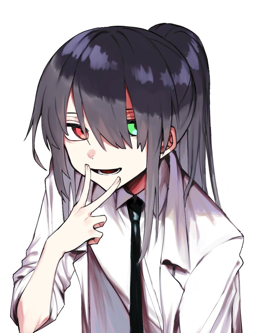 1girl :d black_hair black_neckwear buttoniris coat collared_shirt green_eyes hair_over_one_eye hand_up heterochromia labcoat long_hair looking_at_viewer necktie open_mouth original ponytail red_eyes shirt simple_background smile solo v white_background white_coat white_shirt wing_collar
