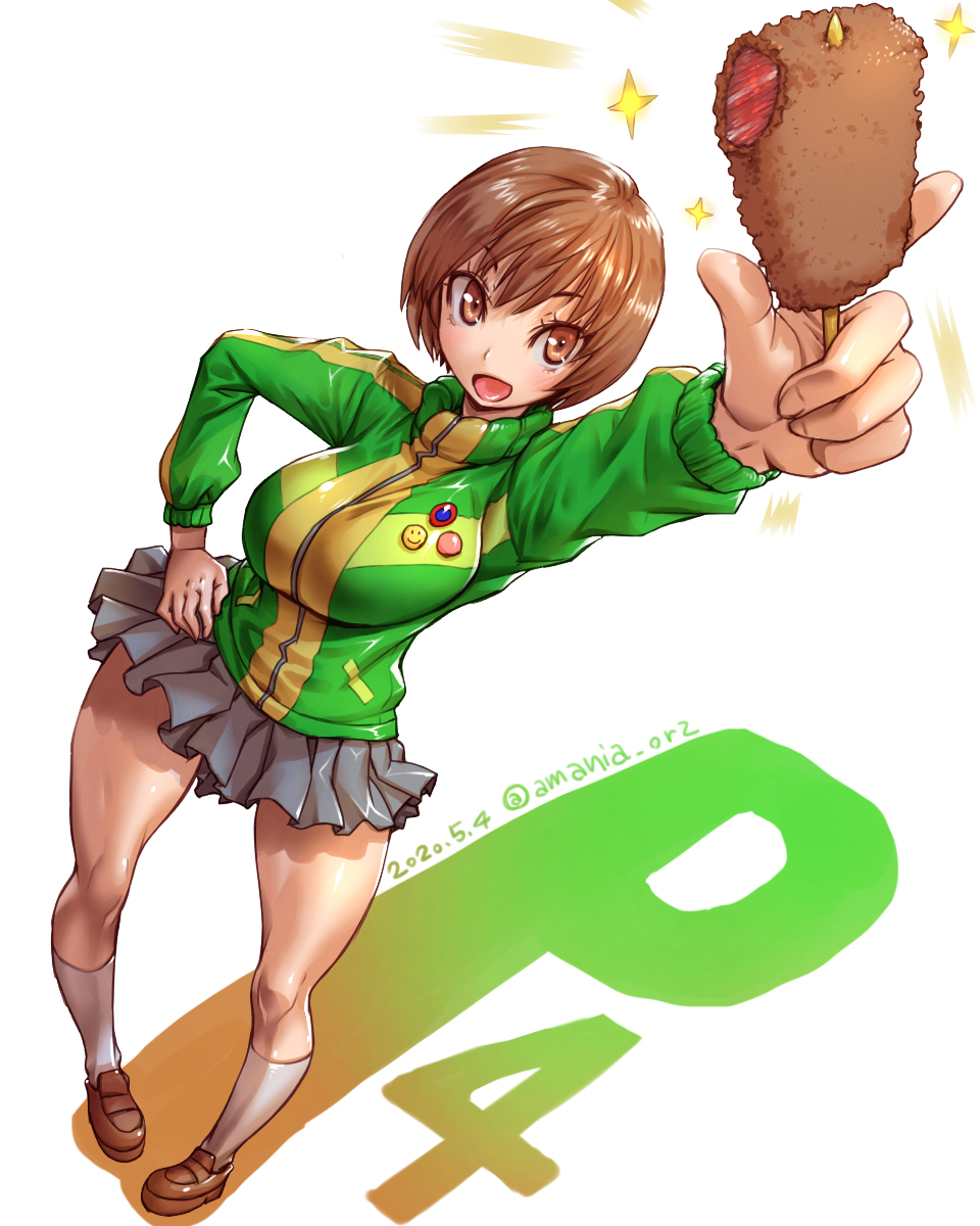 1girl amania_orz brown_eyes brown_hair dated eyebrows_visible_through_hair food green_jacket highres holding holding_food jacket open_mouth persona persona_4 pleated_skirt satonaka_chie shiny shiny_clothes shiny_hair shiny_skin short_hair simple_background skirt solo star stick track_jacket white_background