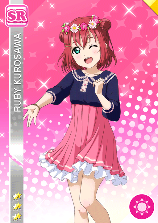 blush character_name dress green_eyes kurosawa_ruby love_live!_school_idol_festival love_live!_sunshine!! pink_hair short_hair smile wink