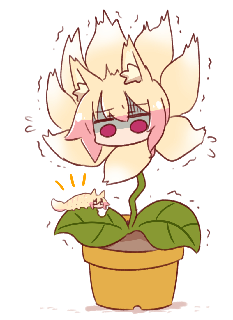 2girls animal animal_ear_fluff animal_ears animalization bangs blonde_hair caterpillar closed_eyes eating eyebrows_visible_through_hair flower flower_pot flying_sweatdrops fox_ears fox_tail kemomimi-chan_(naga_u) long_hair multiple_girls naga_u notice_lines original plant potted_plant shadow sidelocks surprised tail trembling turn_pale white_background yellow_flower