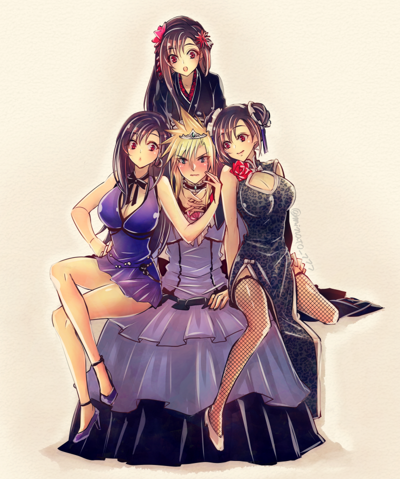1boy 3girls alternate_costume alternate_hairstyle black_hair brown_eyes china_dress chinese_clothes clone cloud_strife crossdressinging double_bun dress final_fantasy final_fantasy_vii final_fantasy_vii_remake fishnet_legwear fishnets flower hair_flower hair_ornament high_heels hug hug_from_behind japanese_clothes kimono looking_at_another minato_(ct_777) multiple_girls multiple_persona purple_dress thigh-highs tifa_lockhart