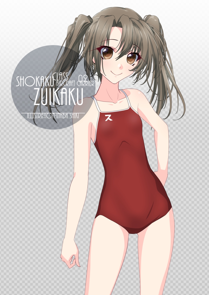 1girl artist_name character_name checkered checkered_background competition_school_swimsuit cowboy_shot flat_chest gradient gradient_background green_eyes grey_background grey_hair highres inaba_shiki kantai_collection long_hair looking_at_viewer red_swimsuit school_swimsuit smile solo swimsuit twintails zuikaku_(kantai_collection)