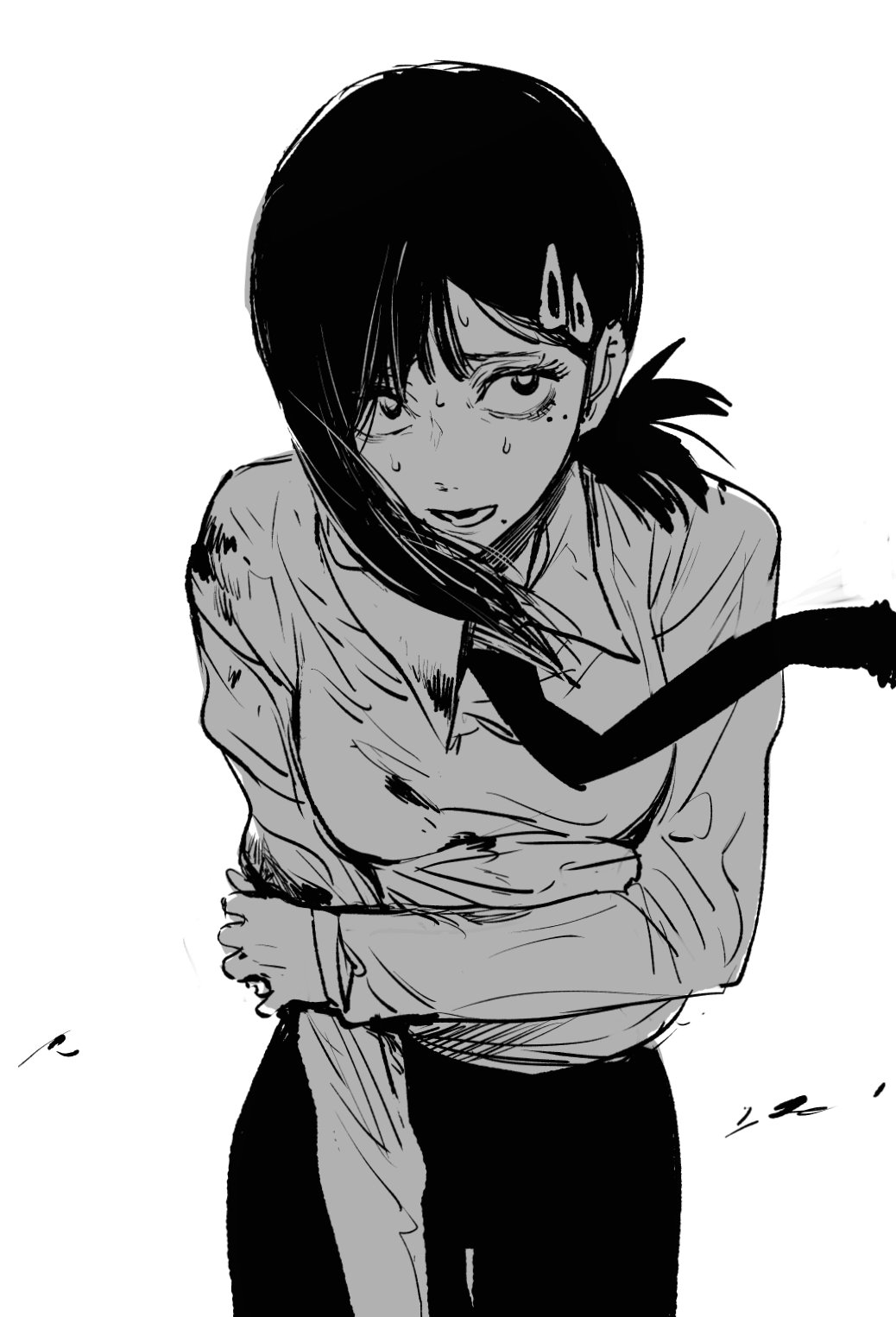 1girl black_hair black_neckwear black_pants blood bloody_clothes breasts chainsaw_man clutching_shoulder hair_ornament hairpin heavy_breathing higashiyama_kobeni highres injury long_sleeves looking_to_the_side medium_breasts medium_hair mole mole_under_eye mole_under_mouth monochrome necktie open_mouth pants shirt short_hair simple_background small_breasts solo sweat white_background white_shirt yokoyari_mengo