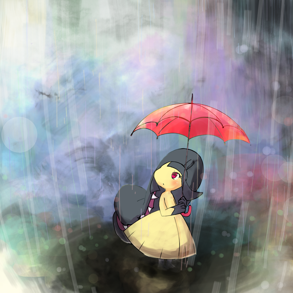 commentary_request creature full_body gen_3_pokemon holding holding_umbrella looking_up mawile nanami_marron no_humans outdoors pokemon pokemon_(creature) rain solo standing umbrella violet_eyes