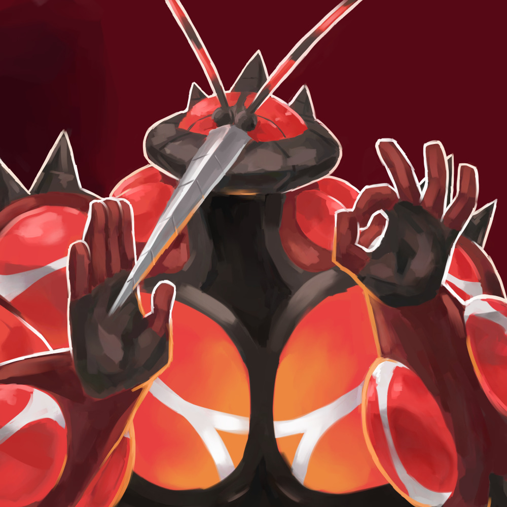 buzzwole commentary creature fatmanass gen_7_pokemon meme no_humans pacha_meme pokemon pokemon_(creature) red_background simple_background ultra_beast upper_body