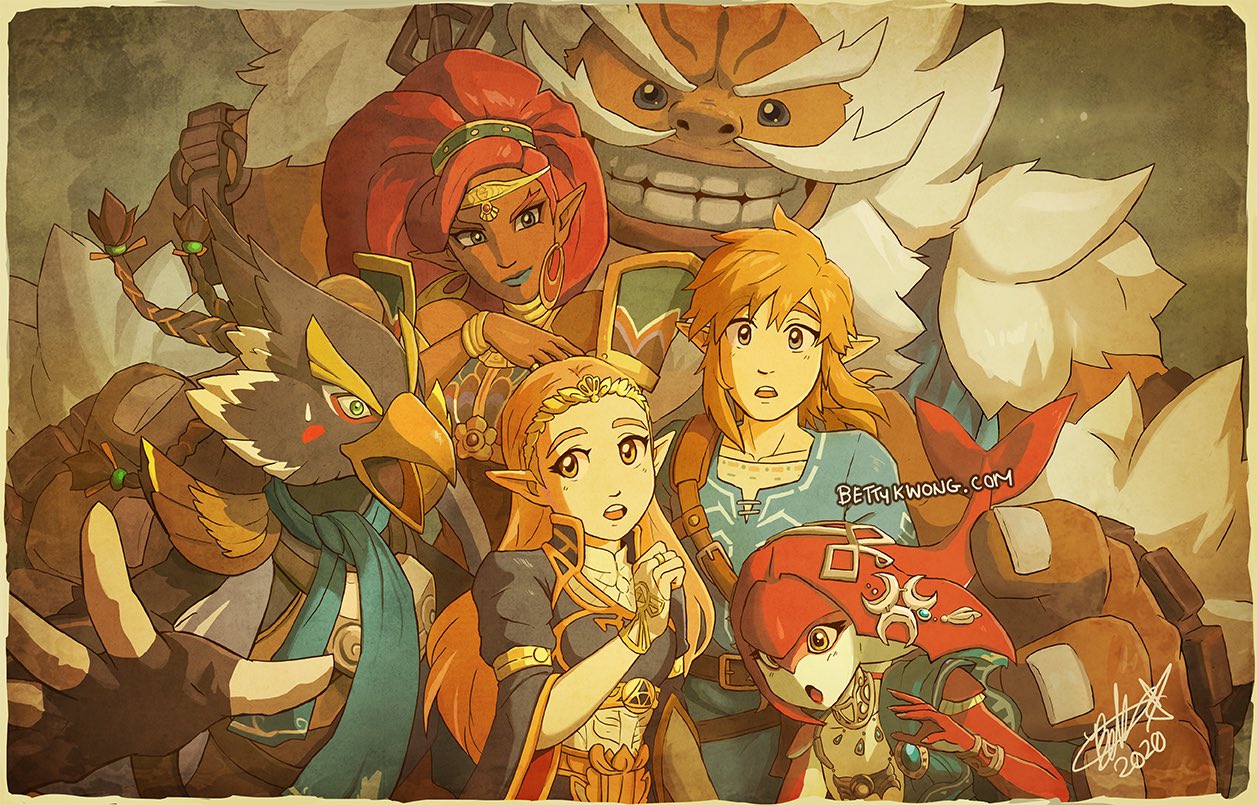 3boys 3girls beard belt bettykwong blonde_hair blue_dress blue_shirt braid circlet daruk dress earrings facial_hair fingerless_gloves fingernails gerudo gloves goron grin jewelry link long_hair mipha multiple_boys multiple_girls mustache necklace open_mouth pointy_ears princess_zelda red_skin redhead revali rito scarf sepia shirt size_difference smile startled the_legend_of_zelda the_legend_of_zelda:_breath_of_the_wild urbosa white_hair zora