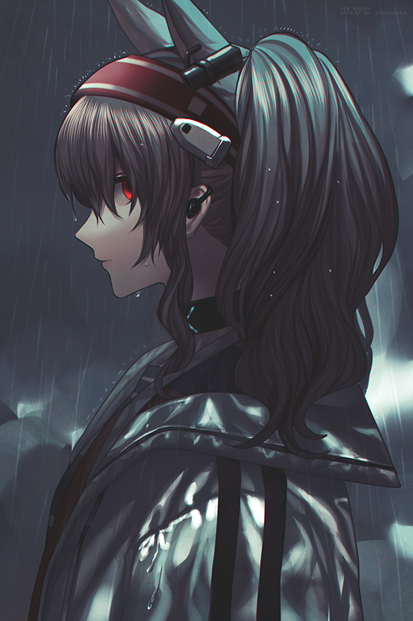 1girl angelina_(arknights) animal_ears arknights artist_name black_choker brown_hair choker closed_mouth commentary copyright_name dated earpiece fox_ears from_side fucodoku hair_between_eyes hairband jacket lips long_hair looking_at_viewer looking_to_the_side outdoors profile rain red_eyes solo twintails upper_body wet white_jacket