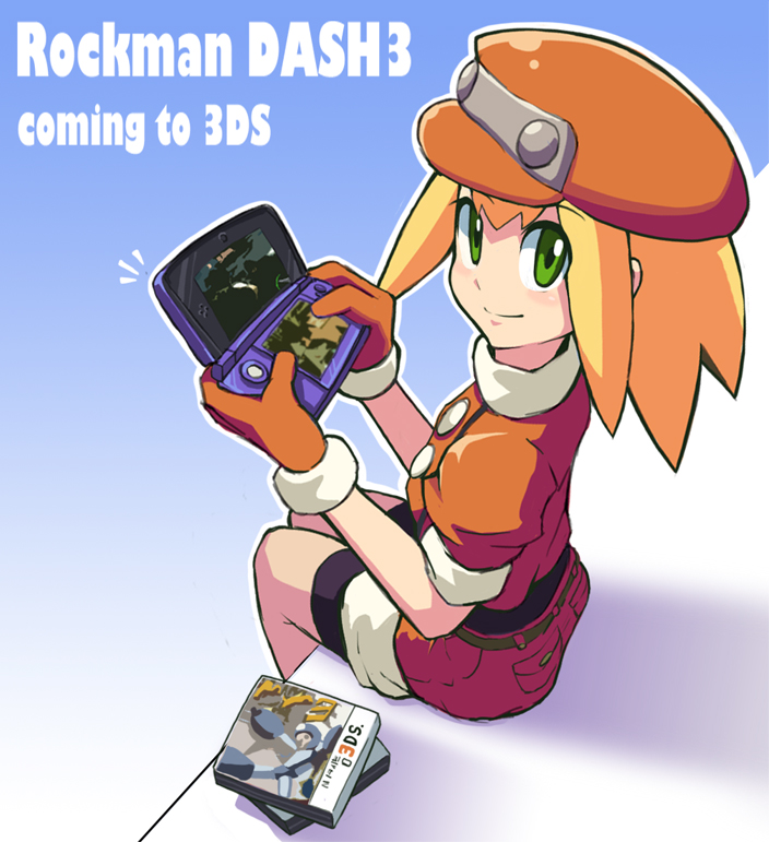 1girl bike_shorts blonde_hair brown_gloves cabbie_hat closed_mouth english_text gloves green_eyes handheld_game_console hat jacket long_hair looking_at_viewer nintendo_3ds red_headwear red_shorts rockman rockman_dash roll_caskett short_sleeves shorts smile solo yuusuke_(5yusuke3)