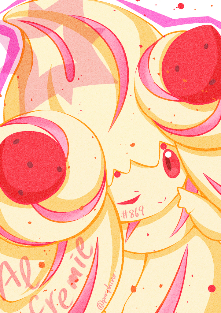 alcremie alcremie_(strawberry_sweet) alcremie_(vanilla_cream) character_name commentary_request creature face food fruit gen_8_pokemon no_humans number one_eye_closed pokemon pokemon_(creature) pokemon_number pori red_eyes signature simple_background solo strawberry white_background