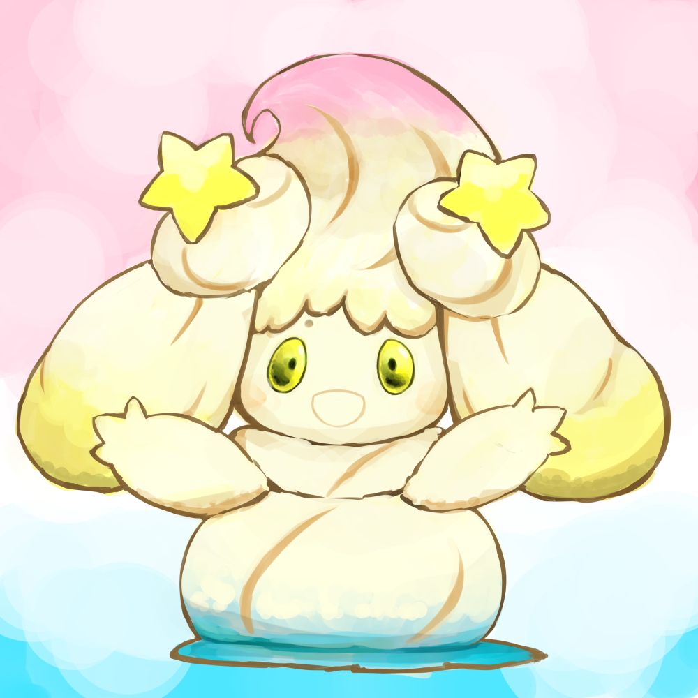 :d alcremie alcremie_(rainbow_swirl) alcremie_(star_sweet) commentary_request creature full_body gen_8_pokemon happy multicolored multicolored_background nanami_marron no_humans open_arms open_mouth pokemon pokemon_(creature) smile solo standing star yellow_eyes