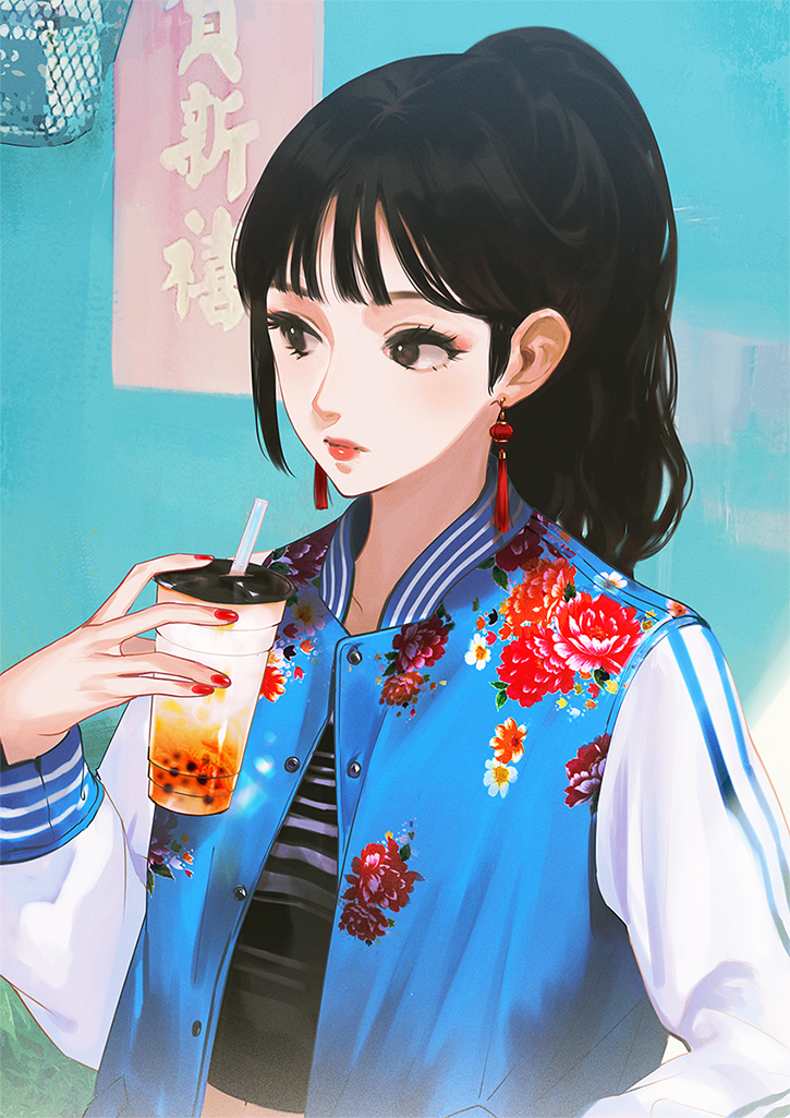 1girl bangs black_hair brown_eyes bubble_tea commentary_request crop_top cup disposable_cup drinking_straw ekao eyelashes flat_chest floral_print jacket letterman_jacket lipstick long_hair makeup mascara nail_polish nose original ponytail red_earrings red_nails solo sukajan