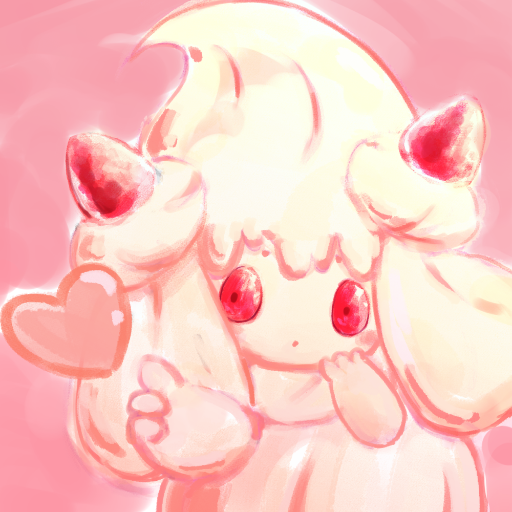 alcremie alcremie_(strawberry_sweet) alcremie_(vanilla_cream) commentary_request creature food fruit gen_8_pokemon heart nanami_marron no_humans pink_background pokemon pokemon_(creature) red_eyes solo strawberry