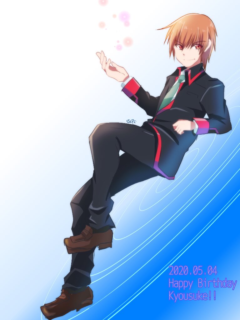 1boy blue_background brown_hair character_name commentary_request dated gradient gradient_background green_neckwear happy_birthday little_busters!! looking_to_the_side male_focus natsume_kyousuke neckerchief red_eyes school_uniform scp solo yamaori_(yamaorimon)