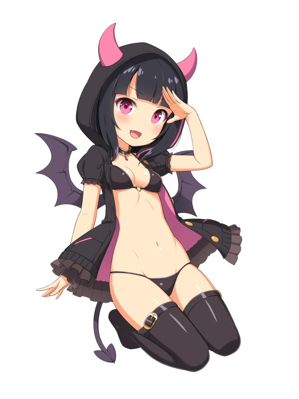 1girl :d bat_wings bikini black_bikini black_jacket black_legwear blush breasts demon_girl demon_horns demon_tail demon_wings fang full_body hand_up hood hood_up horns horns_through_headwear jacket kneeling looking_at_viewer navel open_clothes open_jacket open_mouth original puffy_short_sleeves puffy_sleeves salute sasaame short_sleeves simple_background skindentation small_breasts smile solo swimsuit tail thigh-highs white_background wings