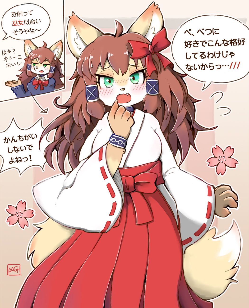 ahoge animal_ear_fluff animal_ears blush bow brown_hair cherry_blossoms commentary_request cowboy_shot fang finger_to_mouth fox fox_ears fox_girl fox_tail furry green_eyes hair_bow hakama highres japanese_clothes long_hair miko moriguru77 open_mouth original red_bow red_hakama school_uniform simple_background tail translated wide_sleeves yellow_fur