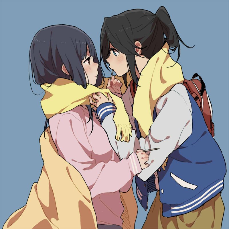 2girls arm_up backpack bag black_hair blue_background blue_eyes blue_hair blush bomber_jacket brown_eyes brown_pants closed_mouth commentary_request eye_contact face-to-face from_side hair_between_eyes hand_on_another's_arm hibike!_euphonium jacket kasaki_nozomi liz_to_aoi_tori long_hair long_sleeves looking_at_another multiple_girls pants pink_shirt ponytail pullover red_backpack ree_(re-19) scarf shared_clothes shared_scarf shirt short_ponytail sidelocks simple_background smile upper_body white_shirt white_sleeves yellow_scarf yoroizuka_mizore yuri