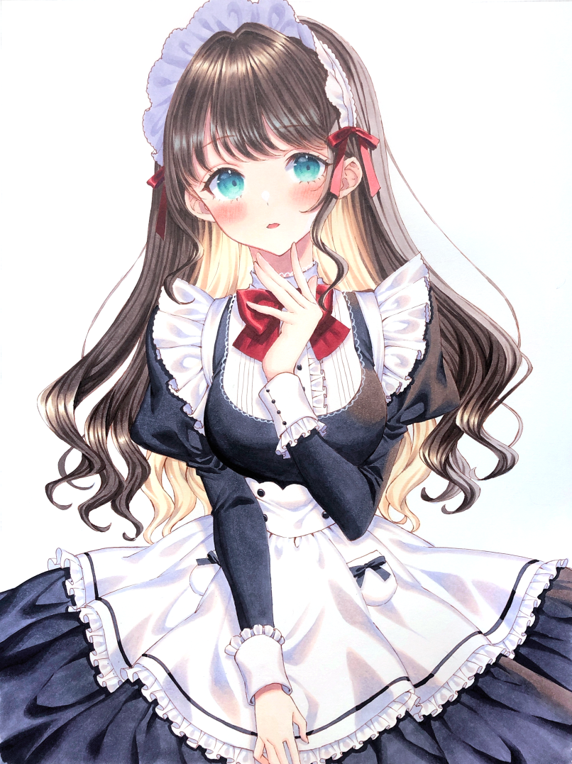 1girl apron bangs black_dress black_hair blue_eyes blush commentary_request dress frilled_apron frills grey_background hand_up juliet_sleeves long_hair long_sleeves looking_at_viewer maid maid_headdress marker_(medium) original parted_lips puffy_sleeves sakura_shiho solo traditional_media very_long_hair white_apron