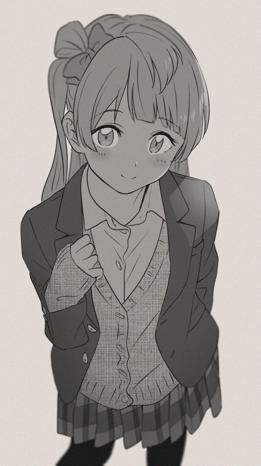 1girl arm_behind_back bangs blazer bow cardigan collared_shirt greyscale hair_bow hand_on_own_chest jacket long_hair long_sleeves looking_at_viewer love_live! love_live!_school_idol_project minami_kotori miniskirt monochrome one_side_up otonokizaka_school_uniform pantyhose plaid plaid_skirt pleated_skirt school_uniform shibasaki_shouji shirt skirt sleeves_past_wrists smile solo