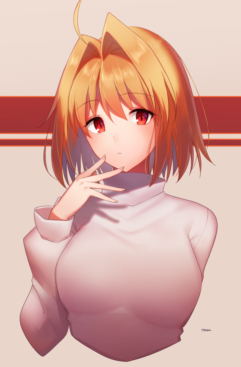 1girl ahoge arcueid_brunestud artist_name bangs blonde_hair breasts closed_mouth eyebrows_visible_through_hair hand_up highres long_sleeves looking_at_viewer medium_breasts okakasushi red_eyes short_hair slit_pupils solo sweater tsukihime upper_body white_sweater