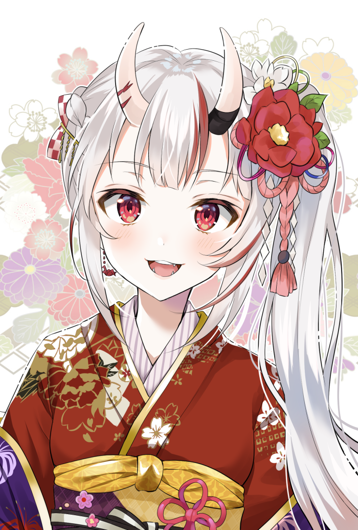 1girl :d bangs braid commentary eyebrows_visible_through_hair fang floral_background flower hair_flower hair_ornament hololive horns japanese_clothes kimono long_hair looking_at_viewer multicolored_hair myusha nakiri_ayame obi oni oni_horns open_mouth print_kimono red_eyes red_flower red_kimono redhead sash side_ponytail sidelocks silver_hair smile solo streaked_hair upper_body upper_teeth virtual_youtuber white_background white_flower