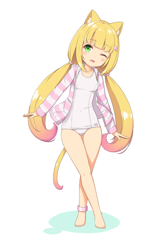 1girl :3 :d animal_ears ankleband arms_at_sides barefoot blonde_hair breasts cat_ears cat_tail eyebrows_visible_through_hair full_body gradient_hair green_eyes hair_ornament hairclip head_tilt jacket long_hair long_sleeves looking_at_viewer multicolored_hair one-piece_swimsuit one_eye_closed open_clothes open_jacket open_mouth original pink_jacket sasaame school_swimsuit simple_background small_breasts smile solo standing striped_jacket swimsuit tail thigh_gap twintails very_long_hair white_background white_swimsuit