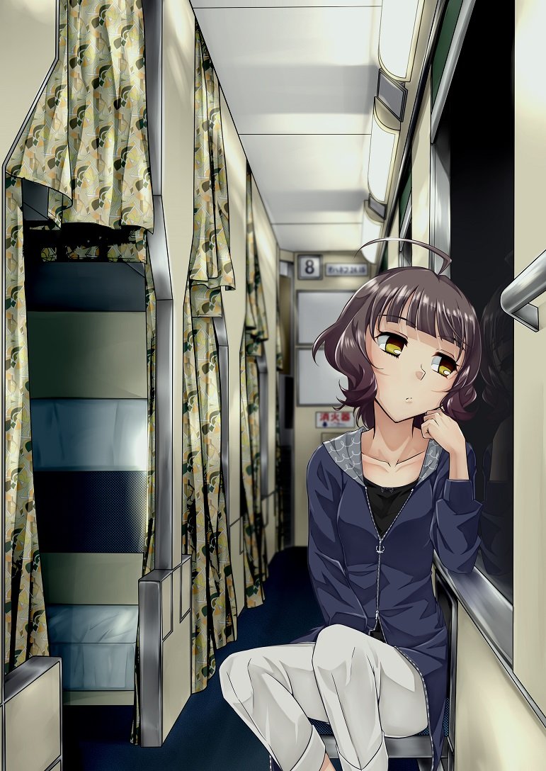 1girl ahoge alternate_costume bangs black_shirt blue_jacket blunt_bangs brown_eyes brown_hair jacket kantai_collection kishinami_(kantai_collection) looking_out_window looking_to_the_side no_pupils pants shirt short_hair sitting solo torikai_a train_interior wavy_hair white_pants