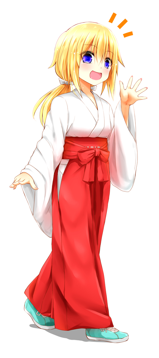 1girl :d bangs blonde_hair blue_eyes blue_footwear blush bow breasts commentary_request eyebrows_visible_through_hair full_body hair_between_eyes hair_bow hakama hand_up highres japanese_clothes kimono long_hair long_sleeves low_twintails miko notice_lines open_mouth original red_bow red_hakama shadow shoes sleeves_past_wrists small_breasts smile solo standing twintails watarui white_background white_bow white_kimono wide_sleeves